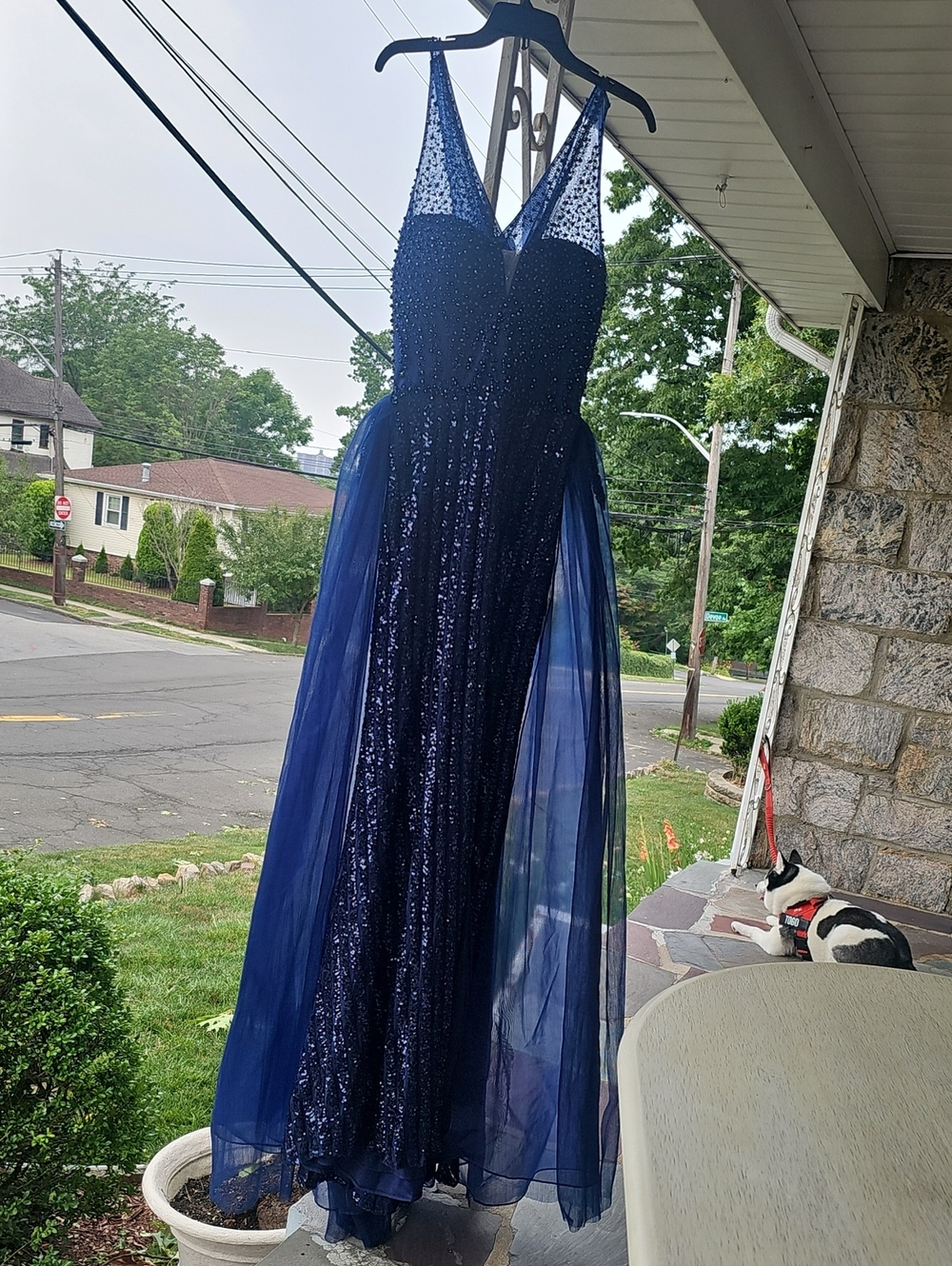 Navy Sequin Mesh Prom Gown with Sheer Overlay